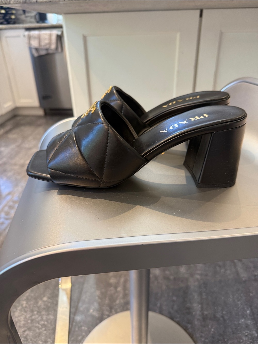 NIB Prada Black Quilted Leather Block Heel Mules with Gold Logo - Picture 4 of 8